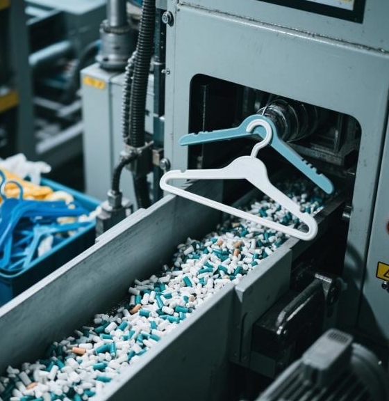 Show the recycling process of plastic hangers